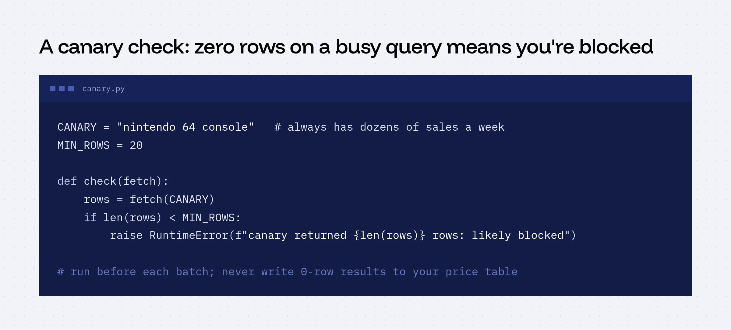 Python canary check: fetch a query that always has many sales and raise an error if it returns fewer than 20 rows, before each batch