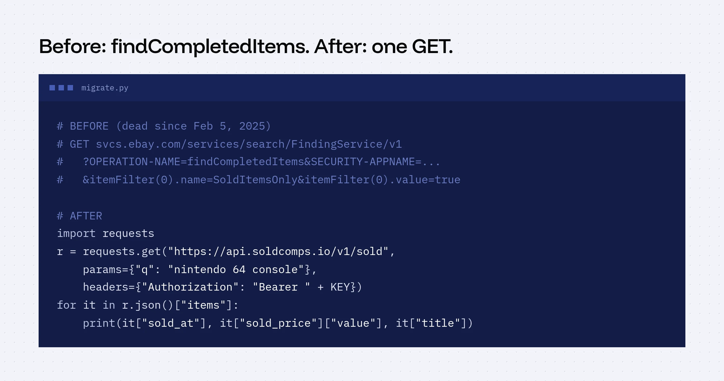 Side by side code: the old findCompletedItems request URL with SoldItemsOnly filter, and the replacement single GET request in Python