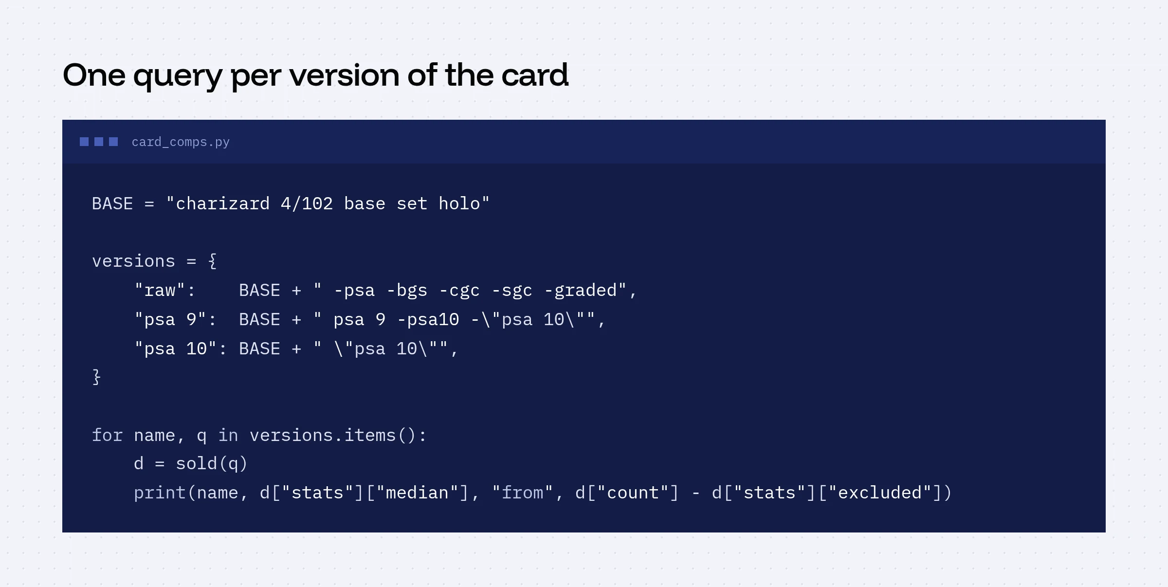 Python code that builds one query per version of a card (raw, PSA 9, PSA 10) with minus words, and prints the median and clean sale count for each