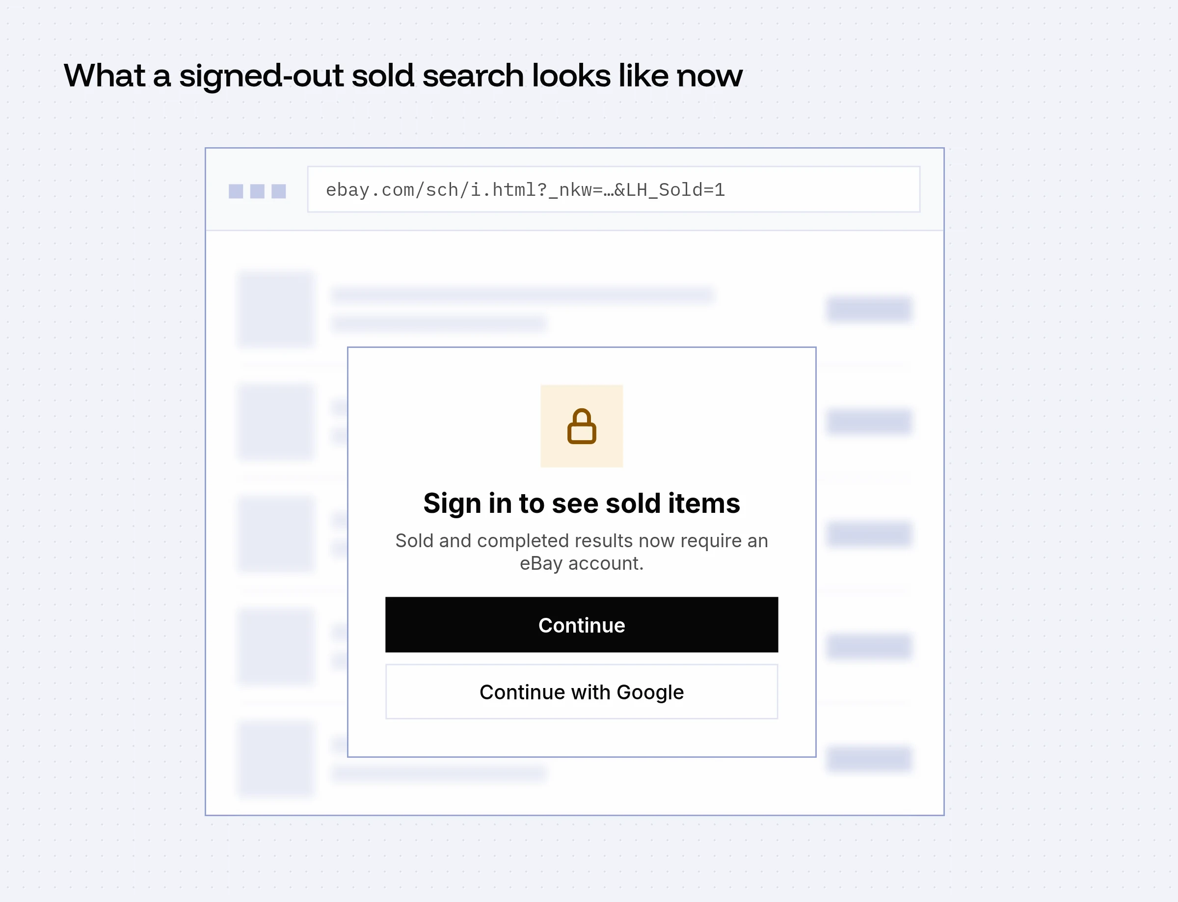 Illustration of an eBay-style sold search results page dimmed behind a 'Sign in to continue' dialog offering Continue and Continue with Google buttons